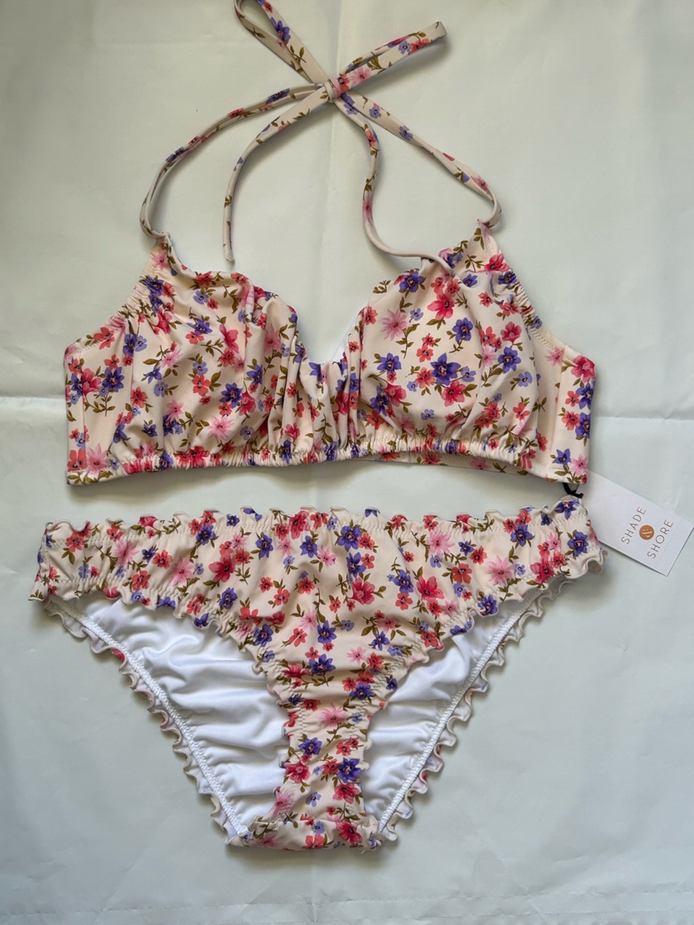 Shade & Shore Cream Floral Ruffle Bikini Set
